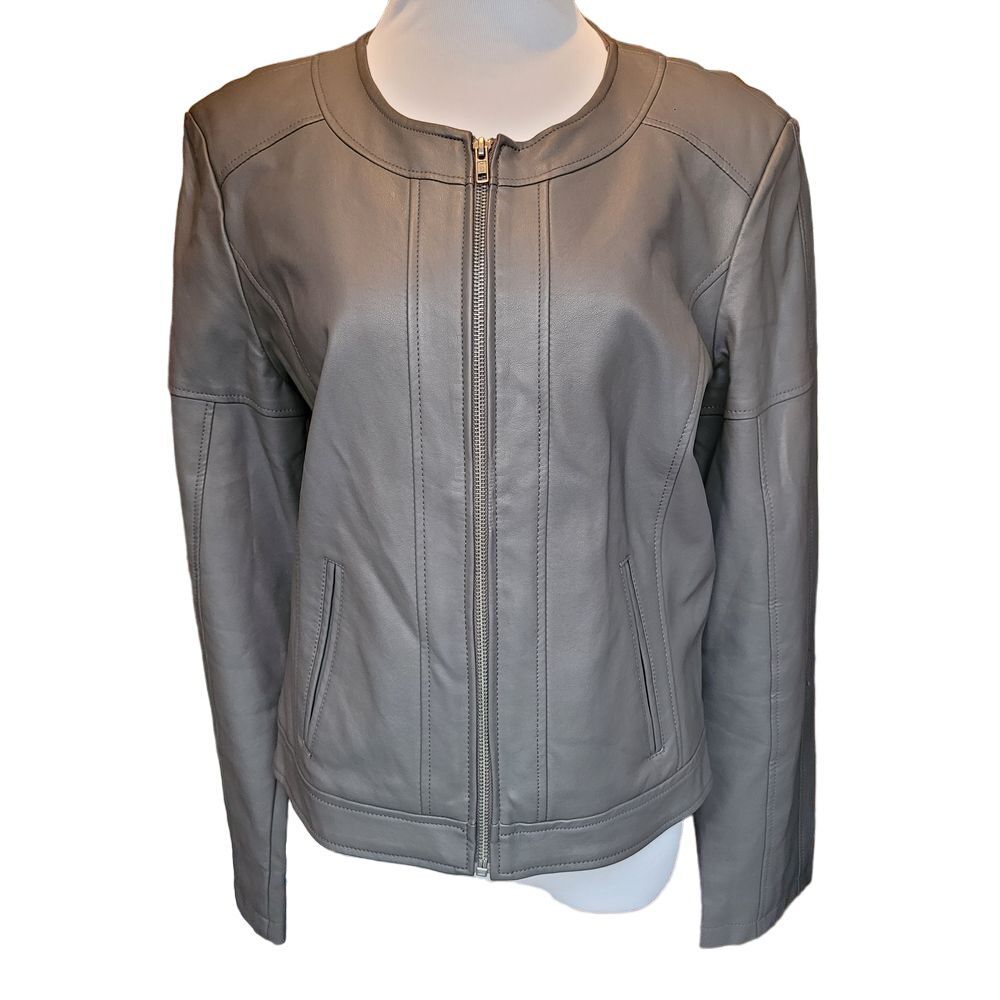 Revue Womens Sz Medium Faux Gray Leather Jacket With Zippered Sleeves Moto Biker